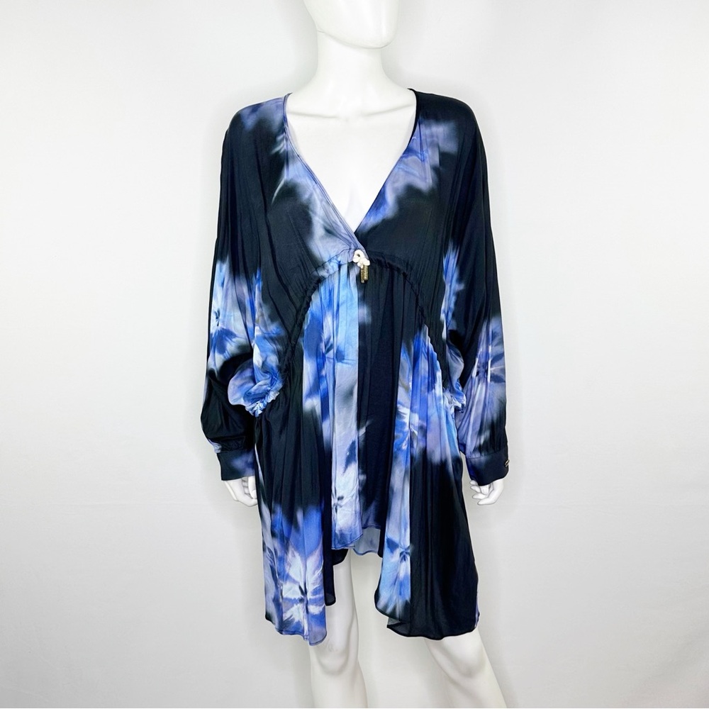 Zara Blue Tie Dye Cover Up Kaftan Dress Size M Long Sleeve Beach Resortwear Pool